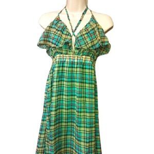 Nameless | NWT Aqua Plaid Elastic Empire Waist Halter Sun Dress Small